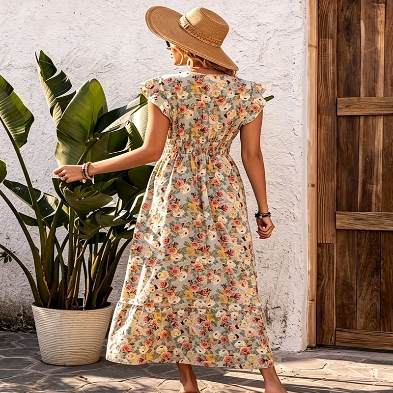 📢📢90% OFF !! ⏰Women's Floral V-Neck Smocked Waist Dress