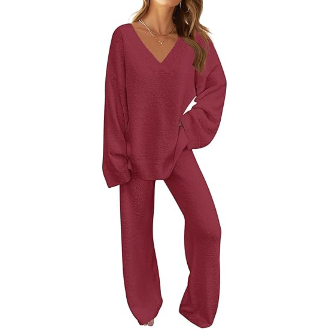 Women's 2 Piece Outfits Fuzzy Fleece Pajama Set Long Sleeve Top Wide Leg Pants Loungewear
