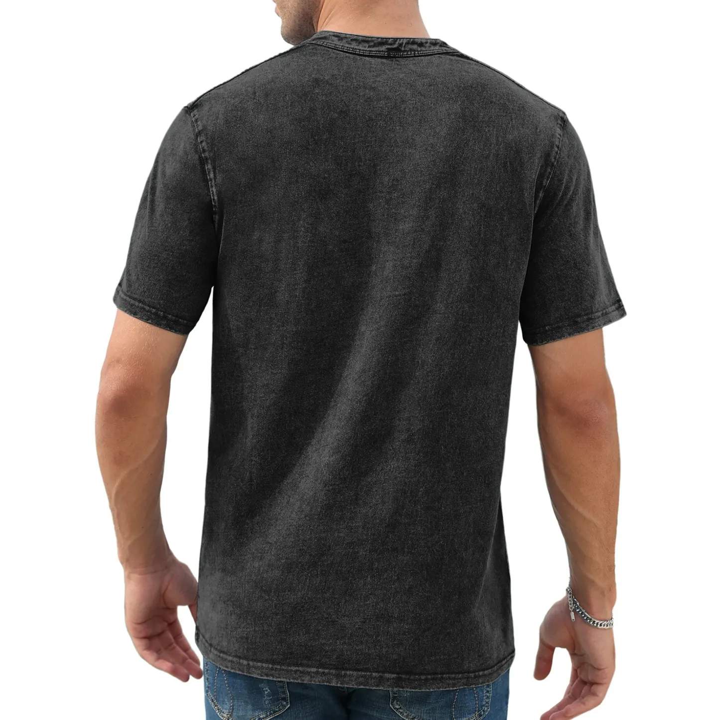 Men’s Vintage Acid-Wash Henley T-Shirt – 100% Cotton