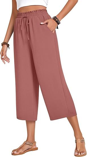 Women’s high-waisted wide-leg casual cropped pants with adjustable drawstring and pockets