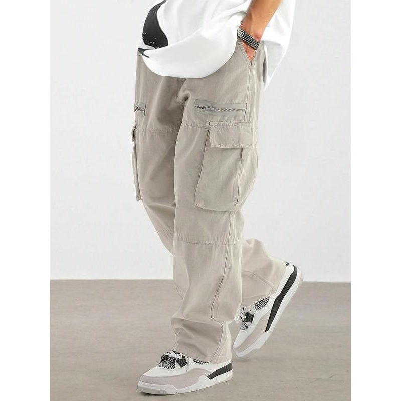 Men's Loose Solid Pocket Drawstring Waist Cargo Pants
