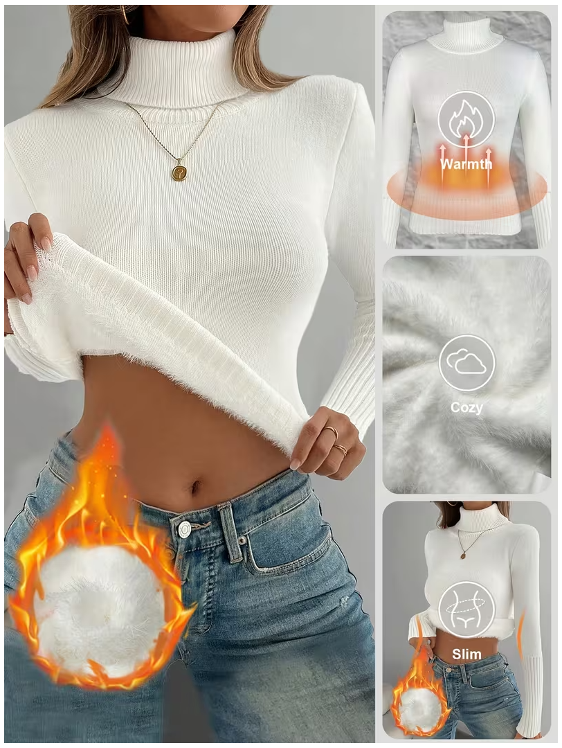 Women's elegant thick warm turtleneck long-sleeved sweater - Soft Pink - Regular Fit H-Line Silhouette