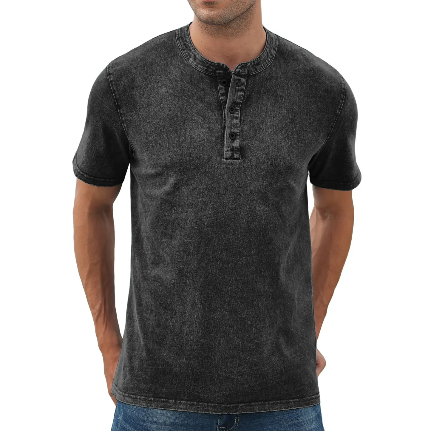 Men’s Vintage Acid-Wash Henley T-Shirt – 100% Cotton