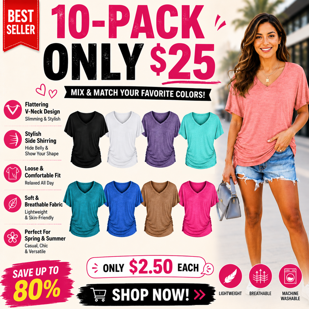 ✨Women's Soft V-Neck Dolman Loose Fit T-Shirt with Side Ruching