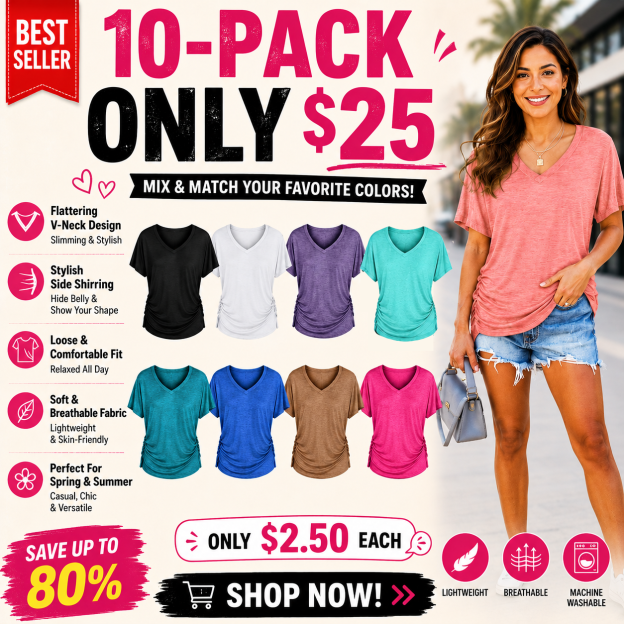 ✨Women's Soft V-Neck Dolman Loose Fit T-Shirt with Side Ruching