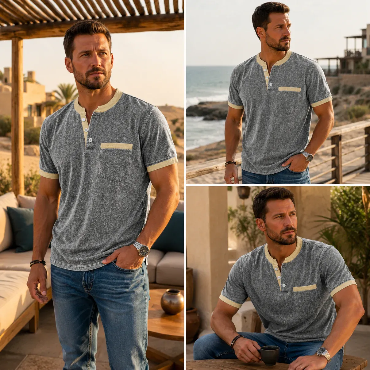 Men's Retro Color-Block Casual Short-Sleeve Henley T-Shirt