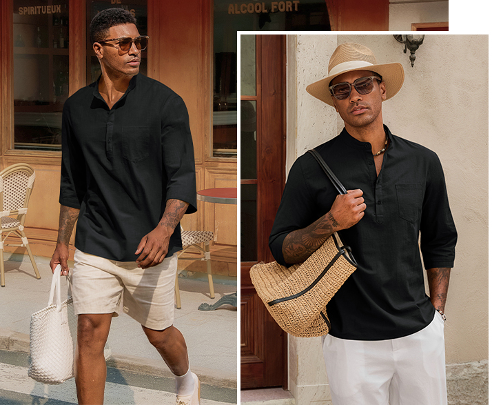 Men’s Lightweight Linen Henley Shirt –  3/4 Sleeve Casual Top with Pocket  