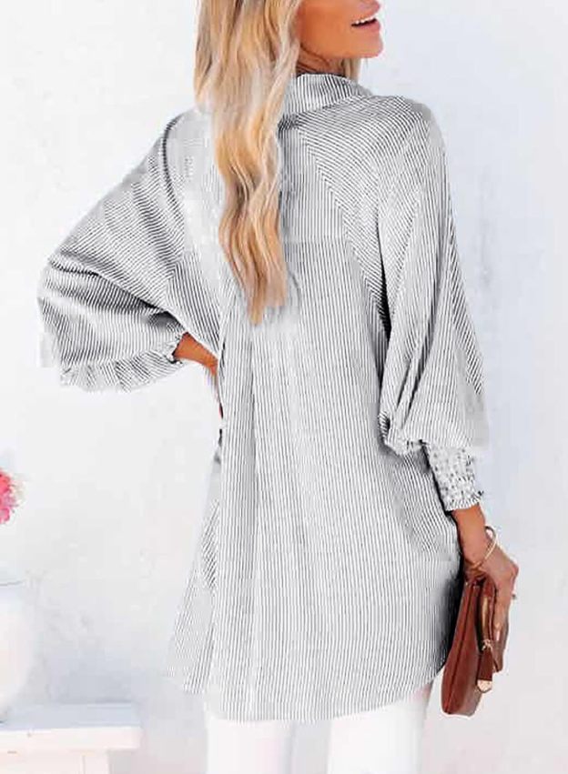 Women's Smocked Cuffed Striped Boyfriend Shirt with Pocket Casual Collar Long Sleeve Blouse Tops for Pocket Shirred