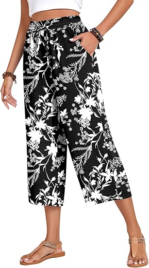Women’s high-waisted wide-leg casual cropped pants with adjustable drawstring and pockets