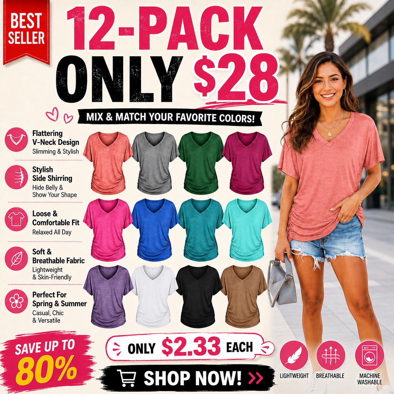✨Women's Soft V-Neck Dolman Loose Fit T-Shirt with Side Ruching