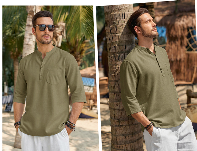 Men’s Lightweight Linen Henley Shirt –  3/4 Sleeve Casual Top with Pocket  