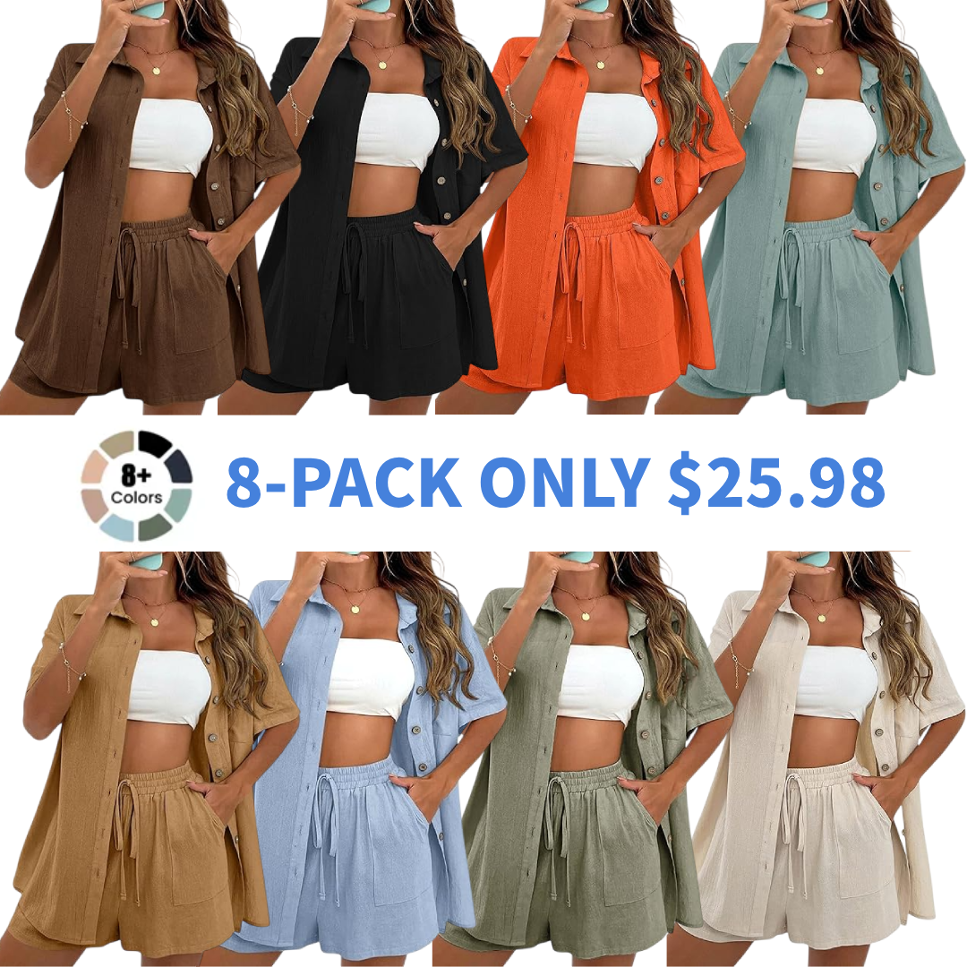 Women Summer Cotton Linen Short Sets 2 Piece Shorts Top Lounge Beach Vacation Two Piece Outfits Tracksuits