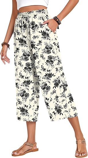Women’s high-waisted wide-leg casual cropped pants with adjustable drawstring and pockets