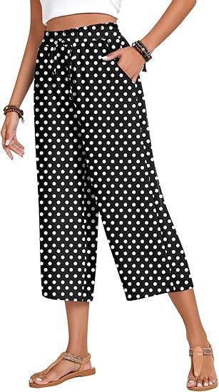 Women’s high-waisted wide-leg casual cropped pants with adjustable drawstring and pockets