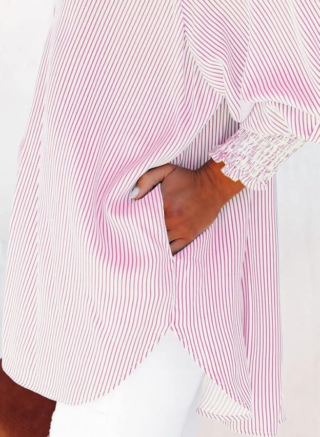 Women's Smocked Cuffed Striped Boyfriend Shirt with Pocket Casual Collar Long Sleeve Blouse Tops for Pocket Shirred