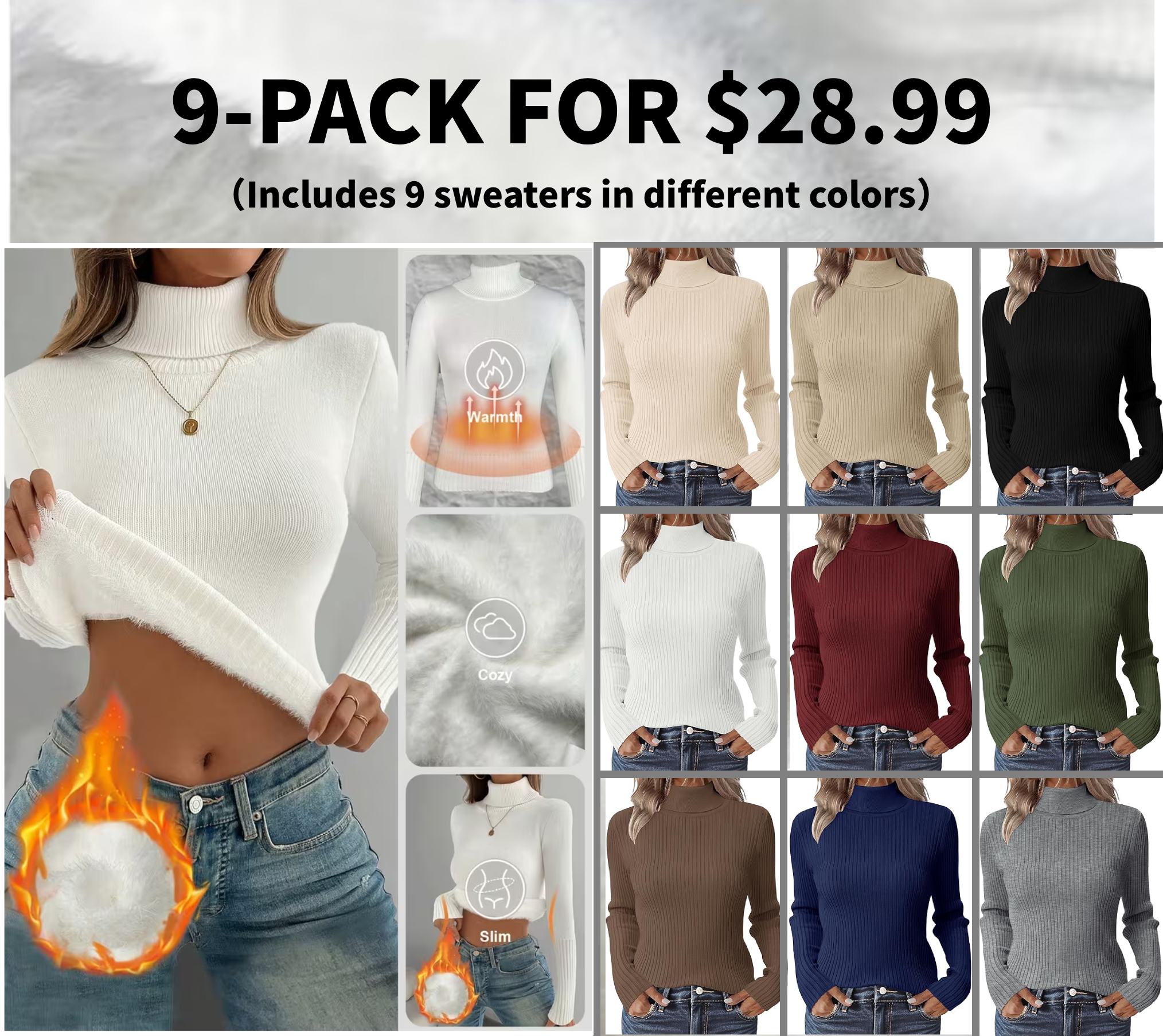 Women's elegant thick warm turtleneck long-sleeved sweater - Soft Pink - Regular Fit H-Line Silhouette