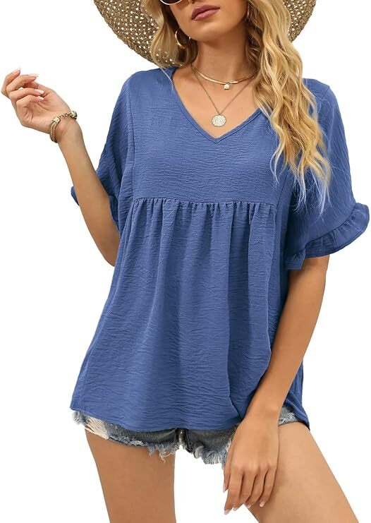 Womens Tops Casual V Neck Ruffle Sleeve T Shirts Babydoll Loose Fit Peplum Tops