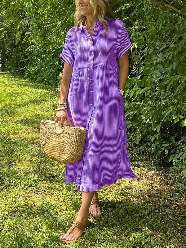 🔥LAST DAY SALE 89% OFF🔥 Striped Lapel Button Down Shirt Dress