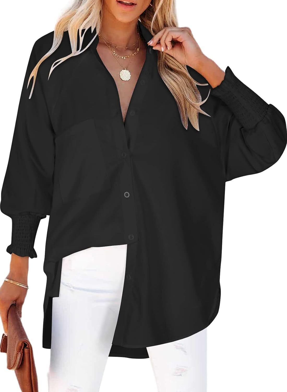 Women's Smocked Cuffed Striped Boyfriend Shirt with Pocket Casual Collar Long Sleeve Blouse Tops for Pocket Shirred