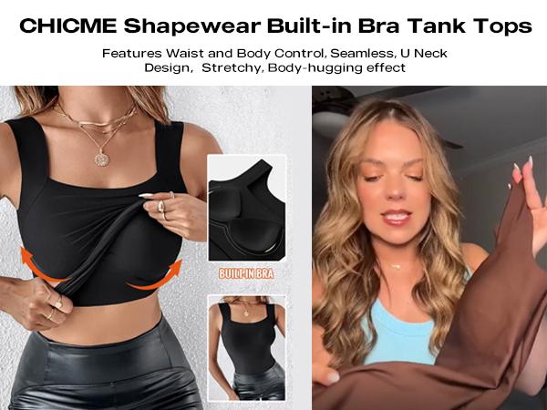 ChicMe Women's U Neck Shapewear Built-in Bra Tank High Strechy Sleeveless Slim Fit Tops Camisole
