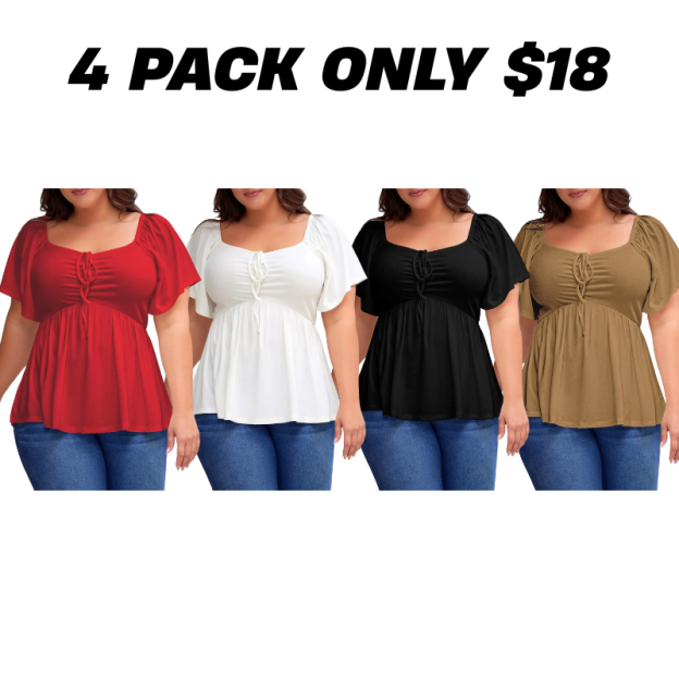 Women Plus Size Sweetheart Neck Short Sleeve Shirred Peplum Blouse Tops Shirts(1X-5X)