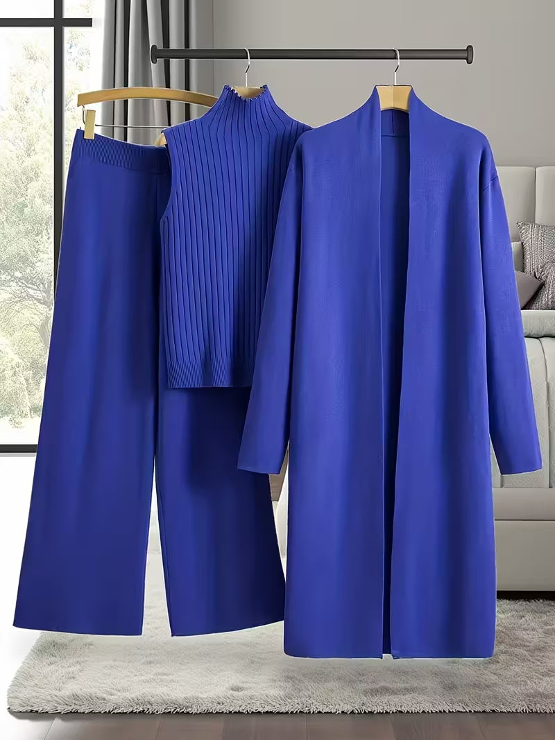 New Autumn And Winter Women'S Loose Set, Including Long Wide-leg Pants, A Shawl Cardigan, And A High-neck Vest Sweater, A Fashionable Three-piece Set.