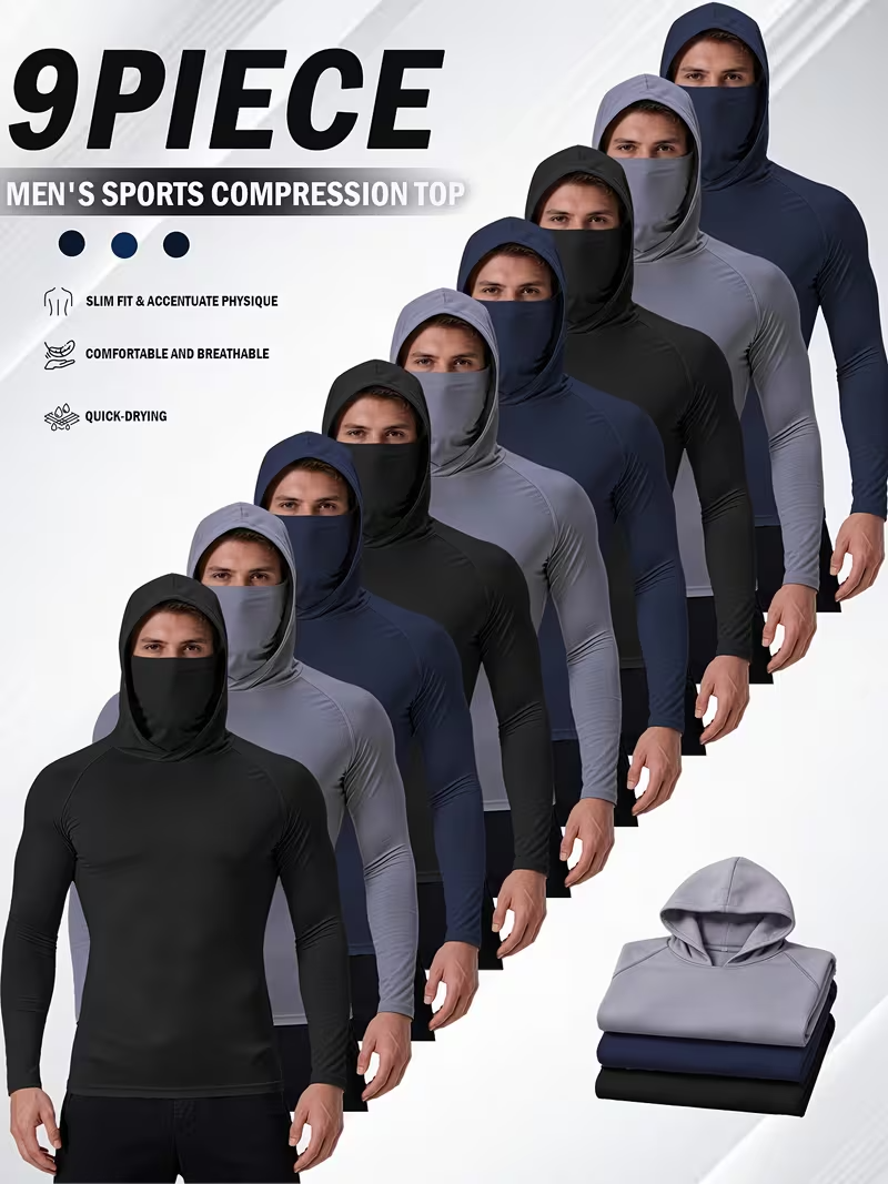 9pcs Set Men's Masked Hooded Compression Tops