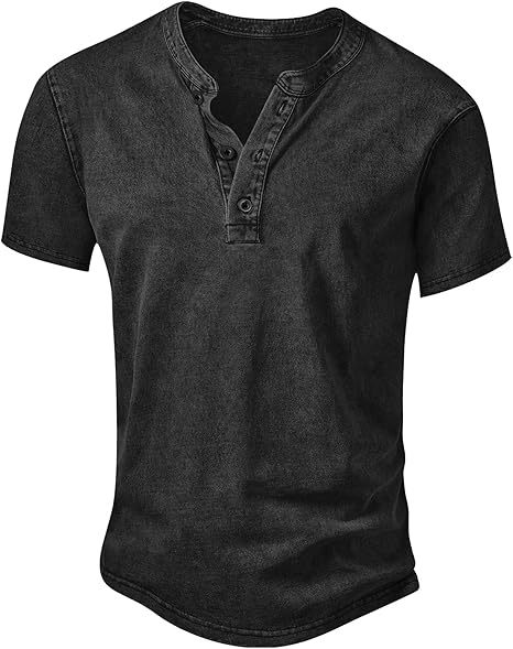 Men’s Vintage Acid-Wash Henley T-Shirt – 100% Cotton