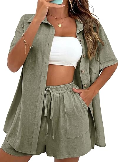 Women Summer Cotton Linen Short Sets 2 Piece Shorts Top Lounge Beach Vacation Two Piece Outfits Tracksuits