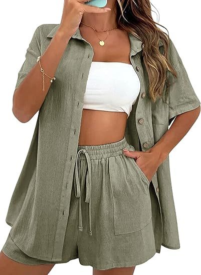 Women Summer Cotton Linen Short Sets 2 Piece Shorts Top Lounge Beach Vacation Two Piece Outfits Tracksuits