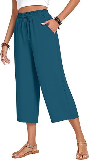Women’s high-waisted wide-leg casual cropped pants with adjustable drawstring and pockets