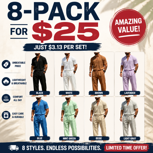 Men's Casual Solid Color Linen Short-Sleeve Shirt and Trousers Suit