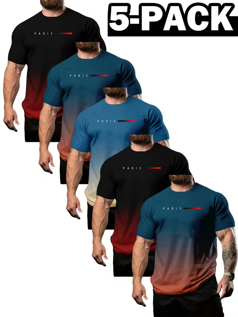 Men's 5-Piece Set: Energetic Gradient Short-Sleeve Crew Neck T-Shirts