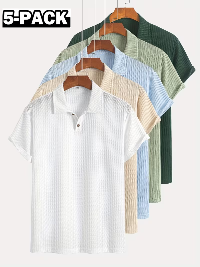 5-Piece Summer Casual Athletic Jacquard Knit Short-Sleeve Polo Shirt Set (Includes 5 Items)