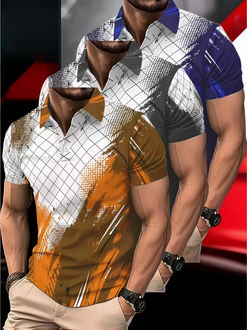 (3-Piece Value Set) Men's Short-Sleeve Polo Shirt with 3D Geometric Digital Print