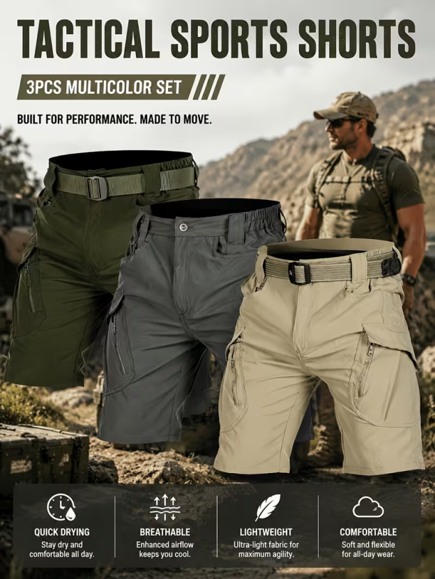 (3-Piece Set)Men's Summer Outdoor Hiking & Mountaineering Quick-Dry Tactical Shorts 