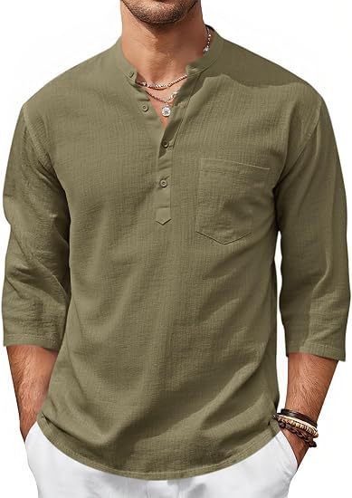 Men’s Lightweight Linen Henley Shirt –  3/4 Sleeve Casual Top with Pocket  