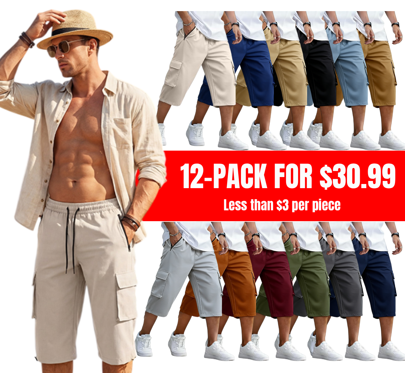 Men's 3/4 Length Cargo Shorts Elastic Waist Capri Pants with Zipper Pockets