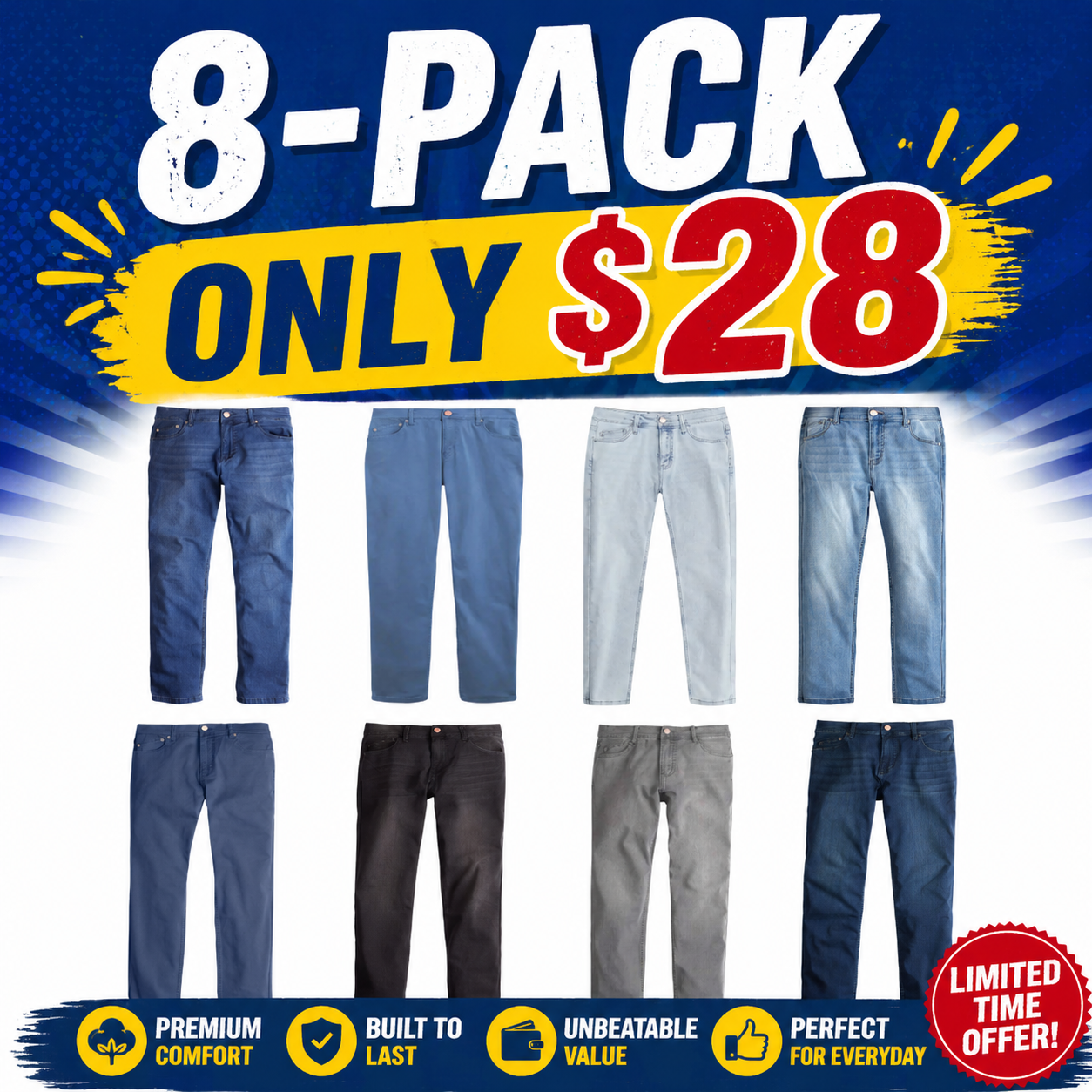 🔥8-PACK🔥Men's Classic 5-Pocket Regular Fit Flex Jean
