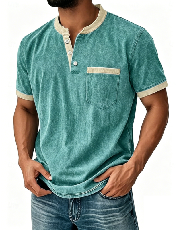 Men's Retro Color-Block Casual Short-Sleeve Henley T-Shirt