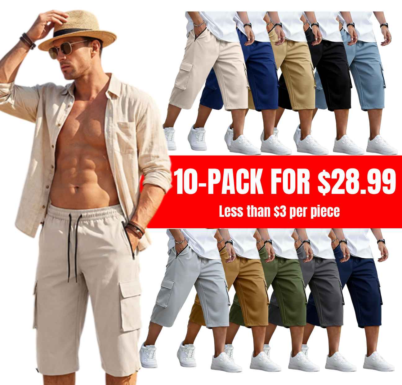 Men's 3/4 Length Cargo Shorts Elastic Waist Capri Pants with Zipper Pockets