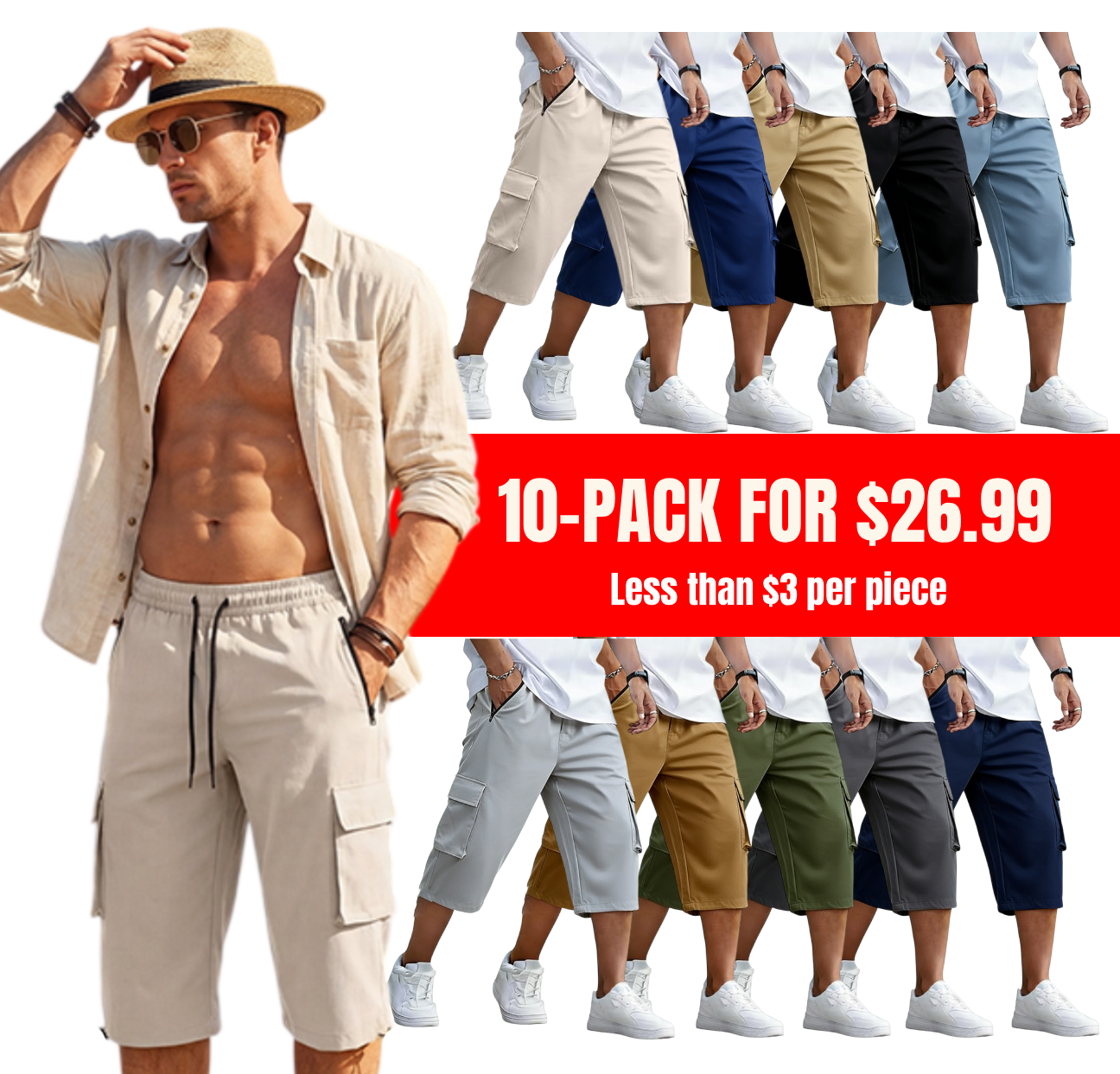 Men's 3/4 Length Cargo Shorts Elastic Waist Capri Pants with Zipper Pockets
