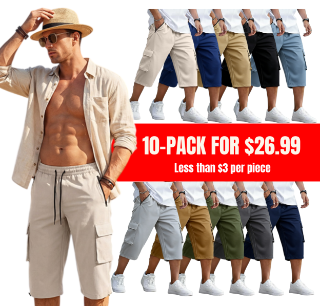 Men's 3/4 Length Cargo Shorts Elastic Waist Capri Pants with Zipper Pockets