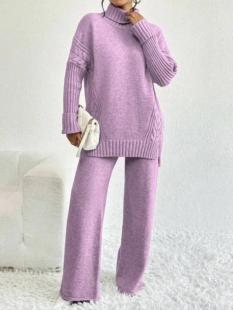 Two-Piece Set Women's Textured Split High Low Hem Sweater & Wide Leg Knitting Pants