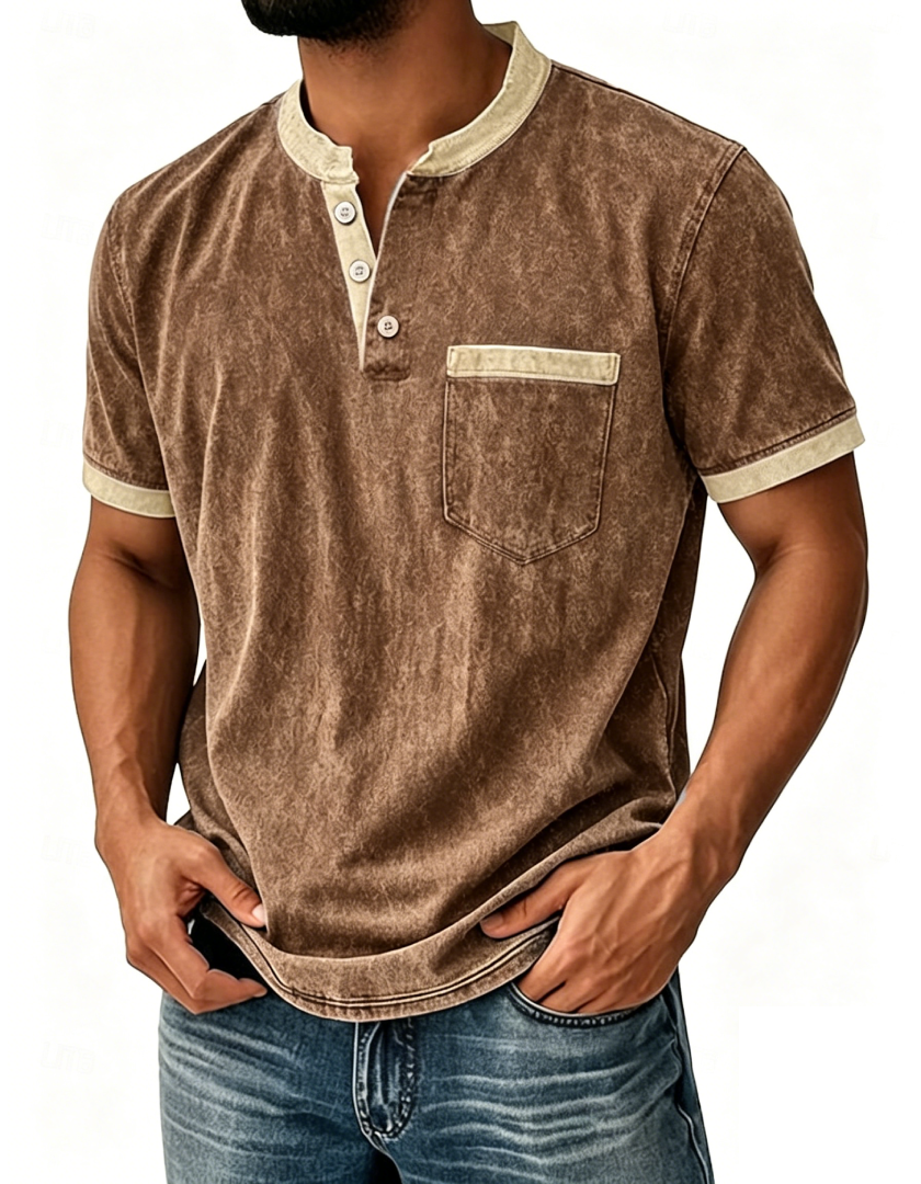 Men's Retro Color-Block Casual Short-Sleeve Henley T-Shirt