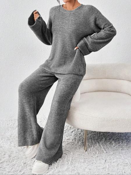 Women's Raglan Sleeve Split Sweater & Elastic Waist Pants Set, Basic Round Neck Top & Pants Sweater Set, Women's Autumn & Winter Clothing for Daily Wear. Women's Raglan Sleeve Split Sweater & Elastic Waist Pants Set, Basic Round Neck Top & Pants Sweater Set, Women's Autumn & Winter Clothing for Daily Wear.