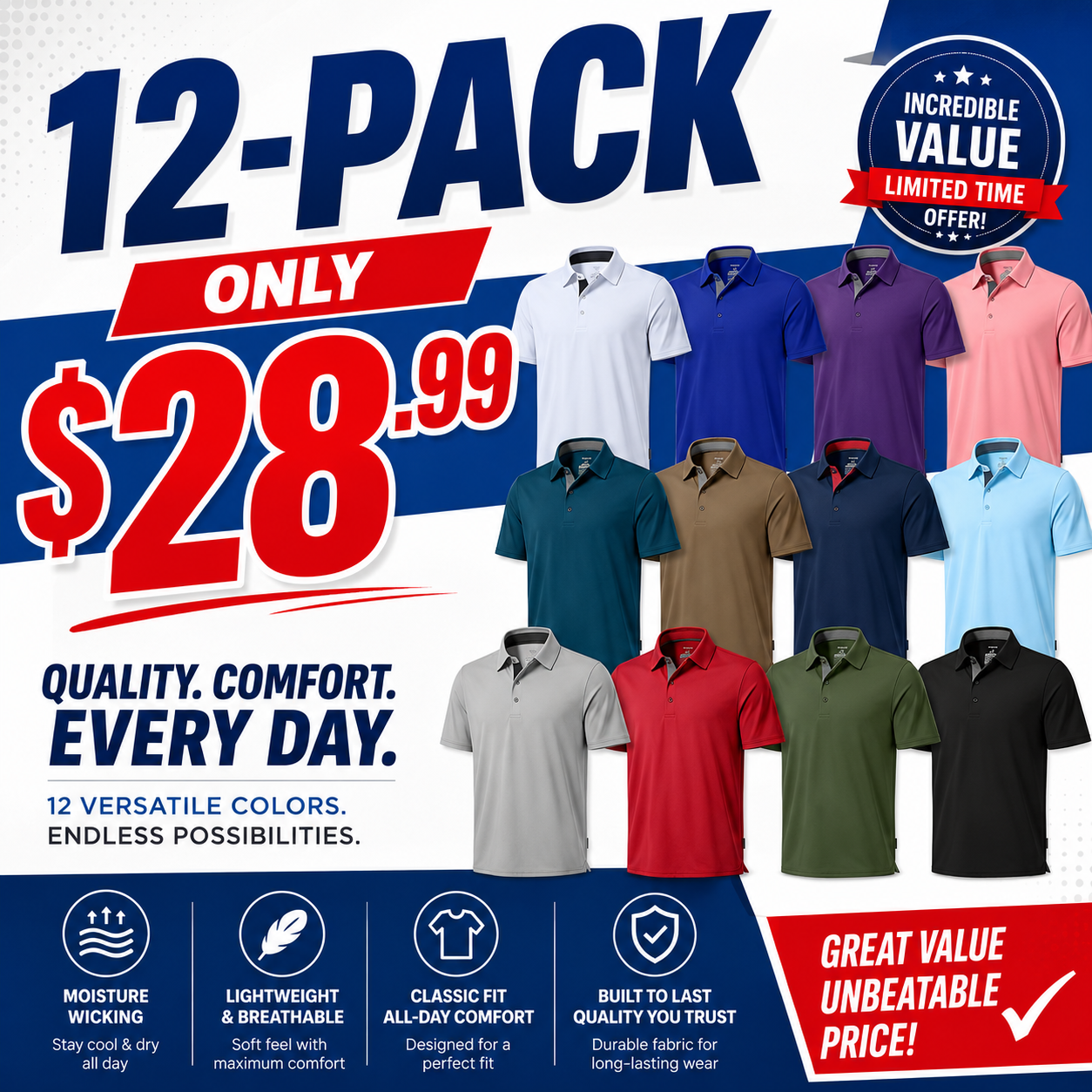 Men's Dry Fit Moisture Wicking Performance Short Sleeve Collared Polo Shirts for Casual Athletic Business
