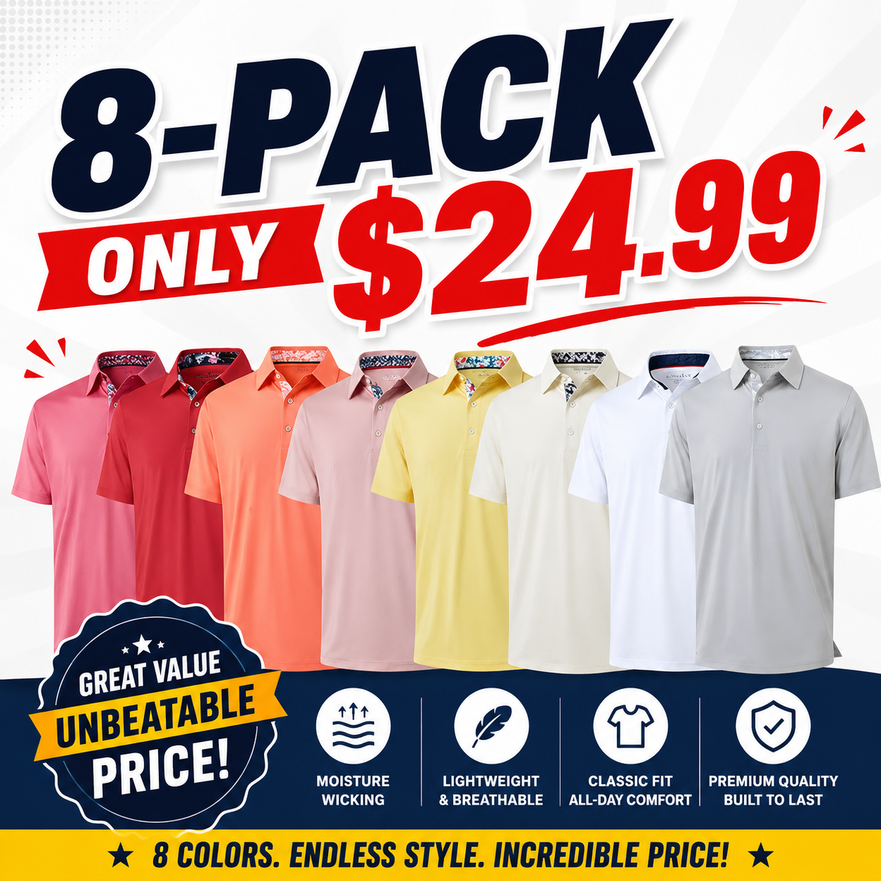 Men's Dry Fit Moisture Wicking Performance Short Sleeve Collared Polo Shirts for Casual Athletic Business