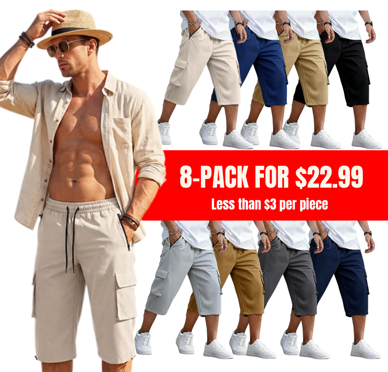 Men's 3/4 Length Cargo Shorts Elastic Waist Capri Pants with Zipper Pockets