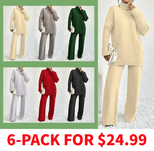 Two-Piece Set Women's Textured Split High Low Hem Sweater & Wide Leg Knitting Pants